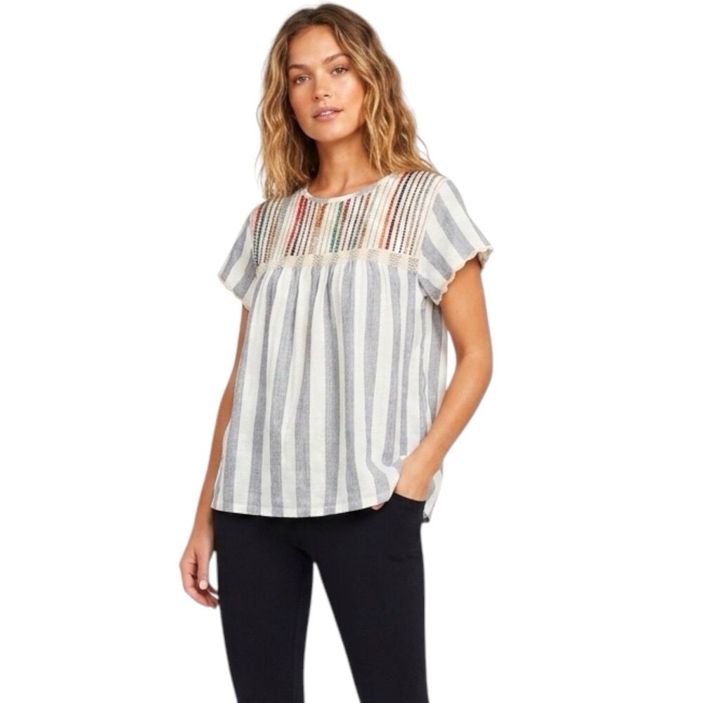 THML Womens Striped Embroidered Crochet Short Sleeve Blouse Boho Woven Sz Small